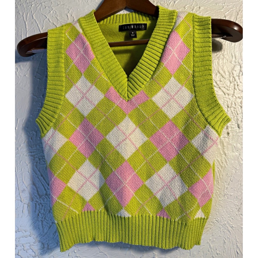 Women's M Argyle V-Neck Sweater Vest Lime Green Pink White Preppy Say What?